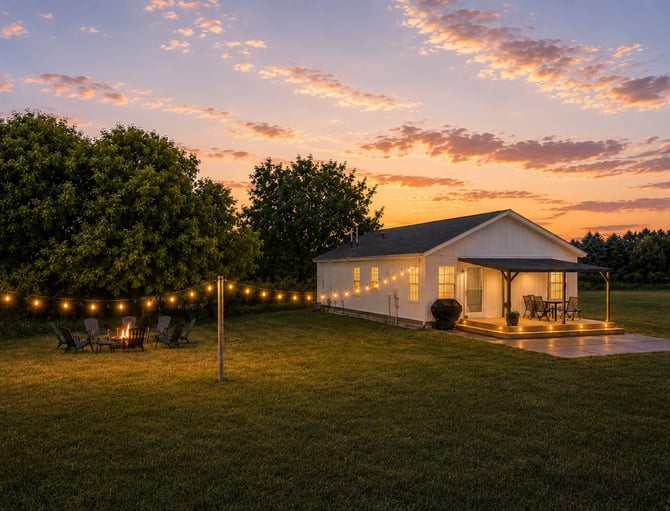 Modern farmhouse with porch and covered patio, illuminated at dusk with string lights and fire pit seating area in expansive lawn.
